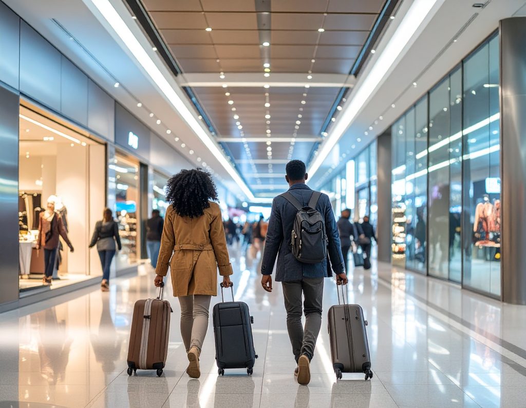 Travelers walking past luxury stores inside a modern airport terminal.