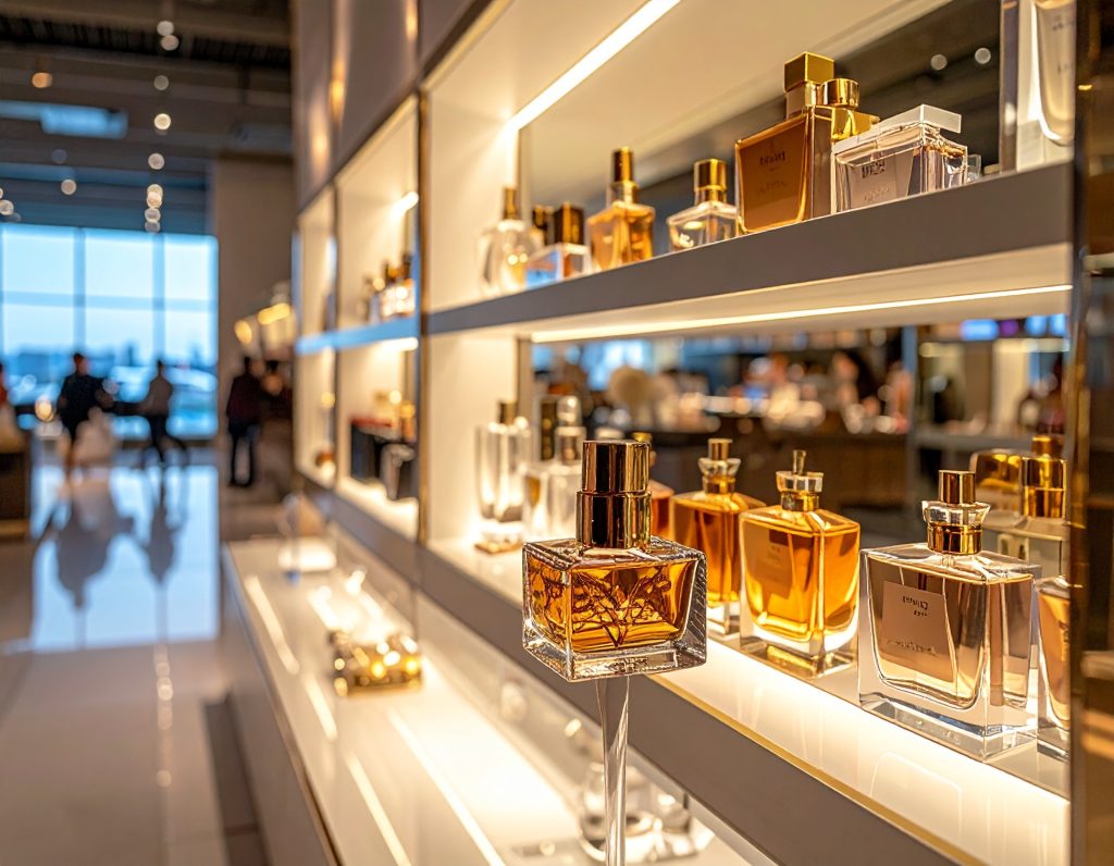 Perfumes and accessories from Bvlgari in airport duty-free shop.