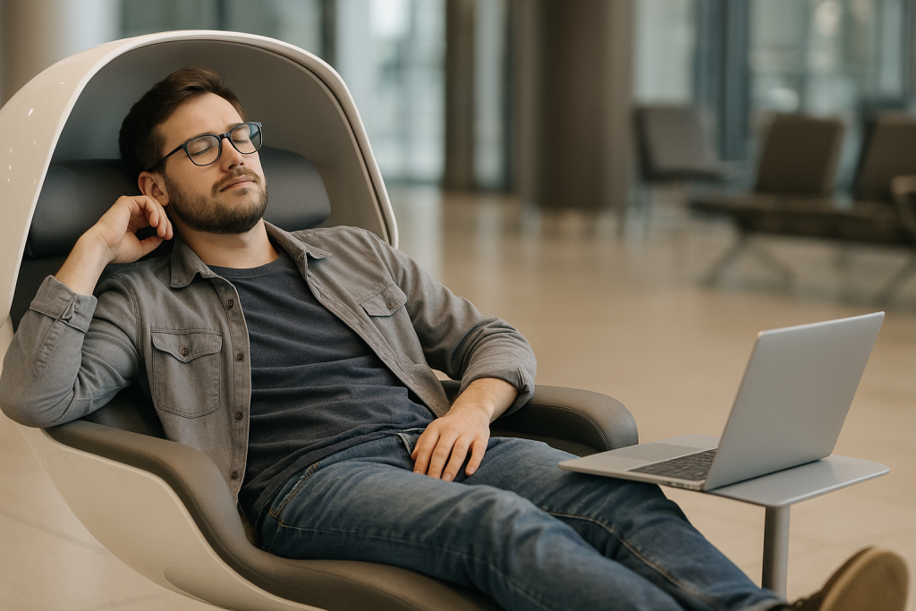 Passenger using a lounge nap pod during a layover.