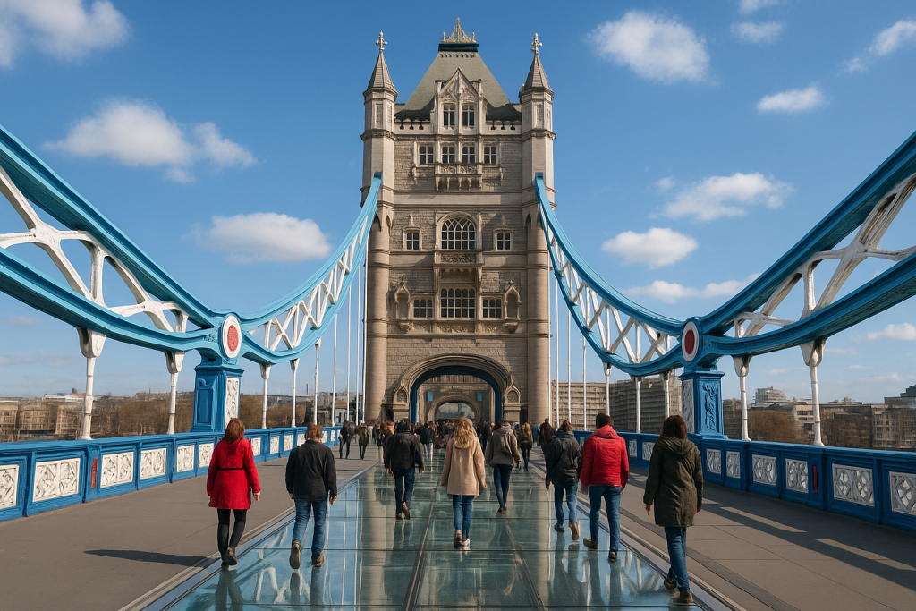 Tourists walking across Tower Bridge in London.