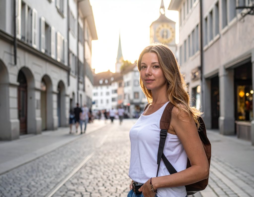 Traveler exploring Zurich Old Town on a layover