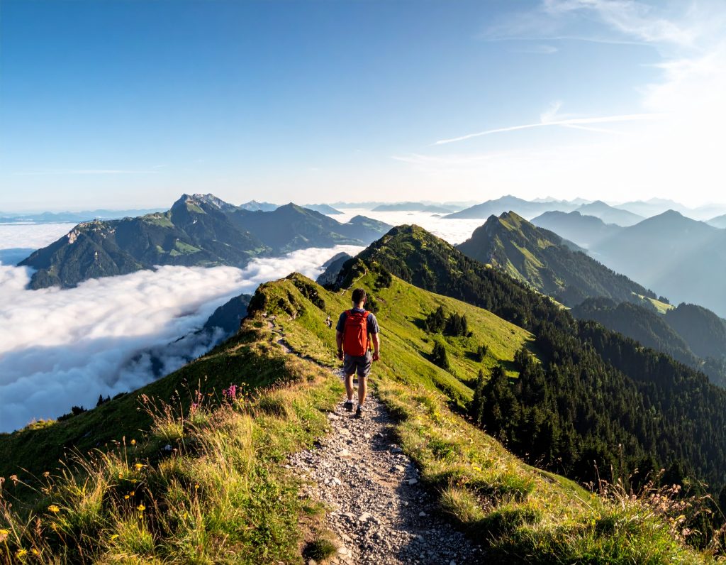 Traveler hiking Uetliberg trail.