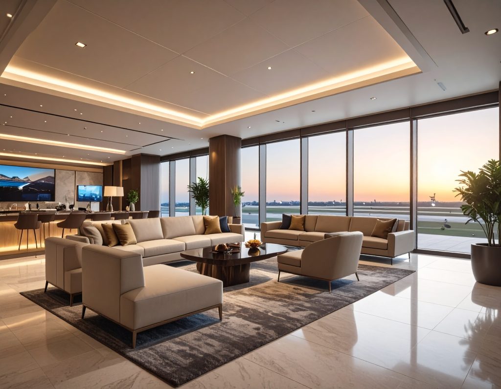Modern luxury airport lounge interior with comfortable seating, soft lighting, and travellers relaxing.