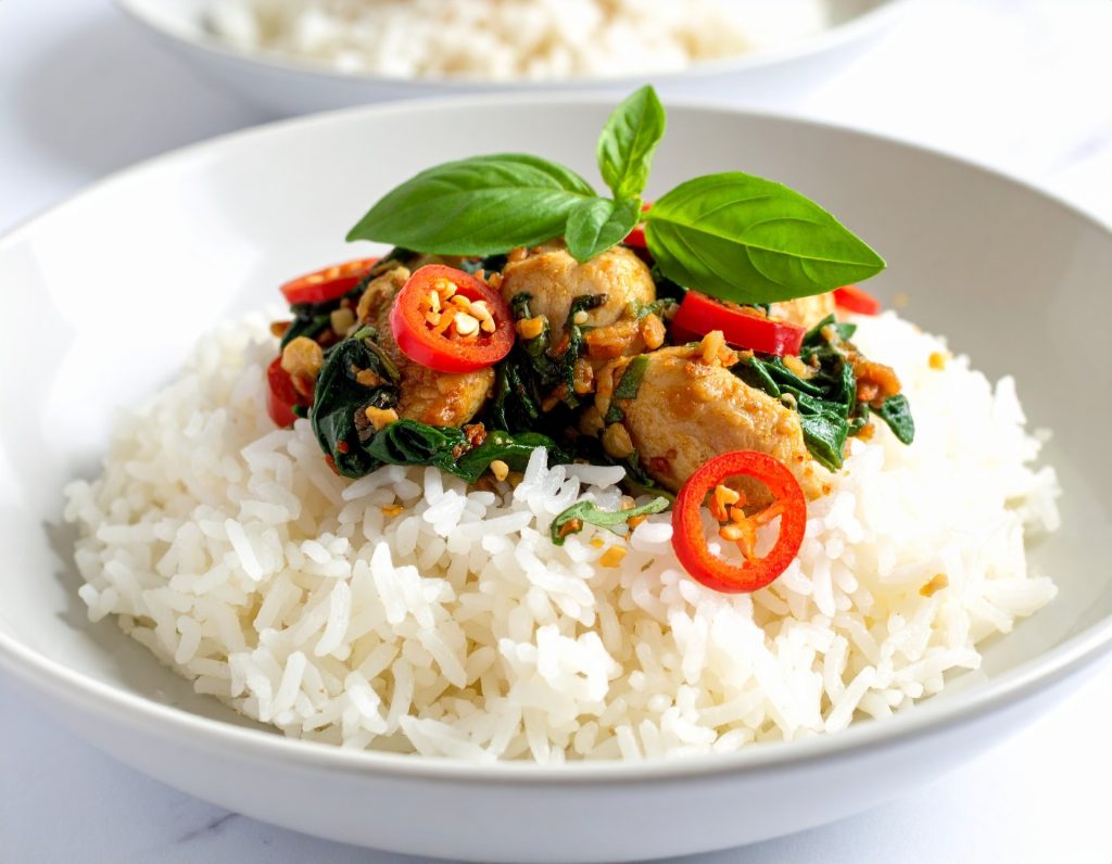 Budget-friendly basil chicken with rice at Foodie’s Street BKK.