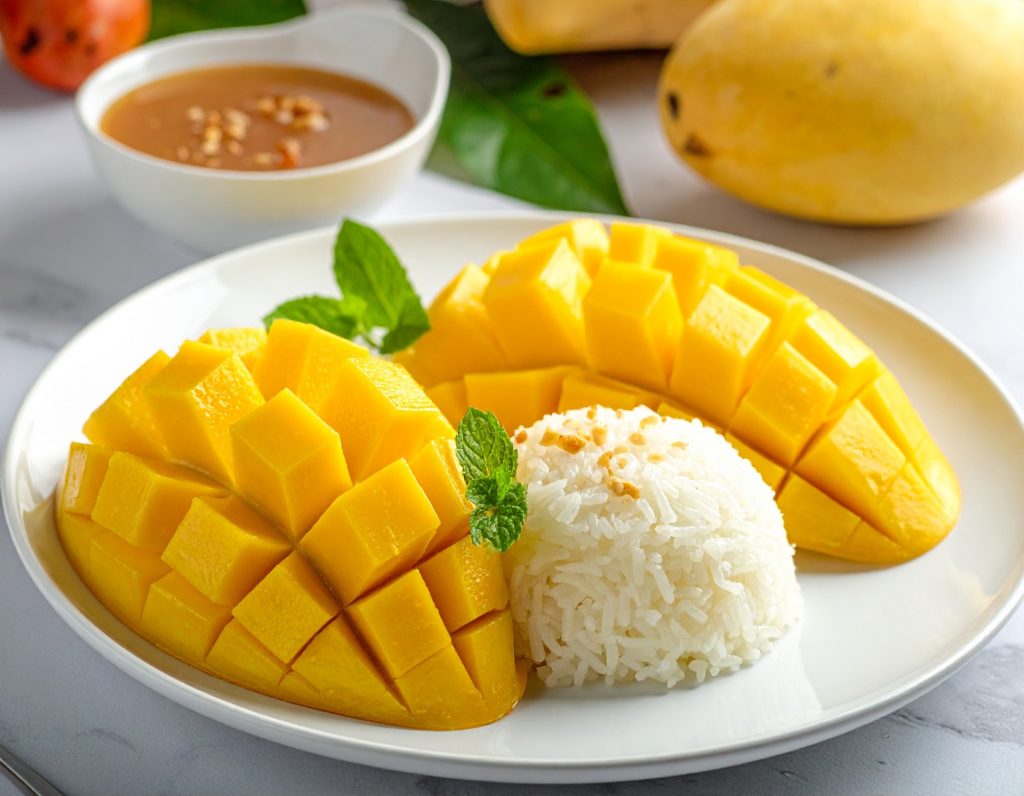 Mango sticky rice with coconut cream at S&P Suvarnabhumi Airport.