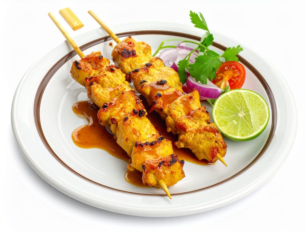 Grilled satay skewers at Thai Street Food Suvarnabhumi Airport.