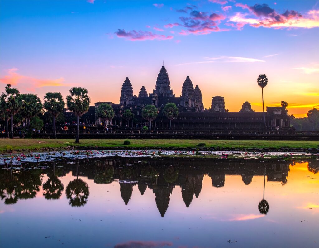 Aerial view of Angkor Wat at sunrise, Siem Reap, Cambodia.