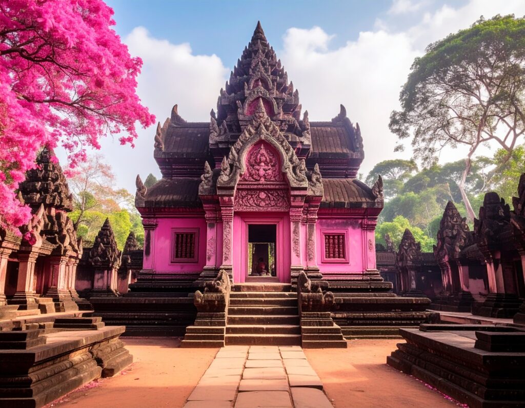 Intricate pink sandstone carvings at Banteay Srei temple, Cambodia.