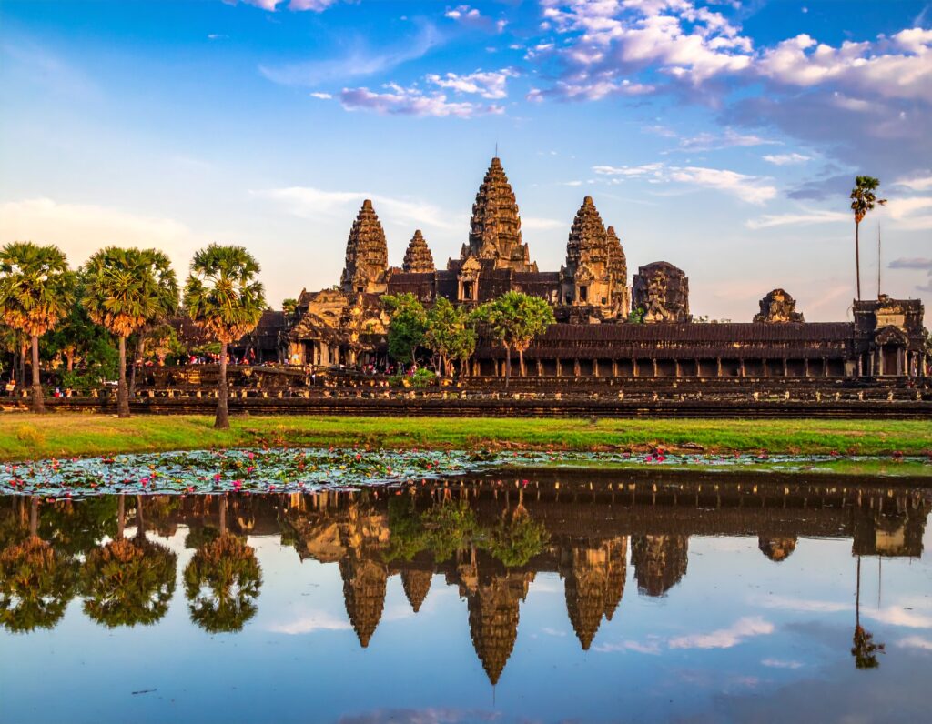 Scenic Cambodia temple landscape with lush greenery.