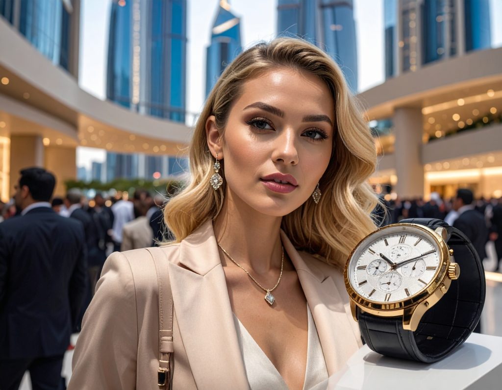 Luxury watch exhibition in Dubai DIFC 2025, elegant crowd, modern architecture