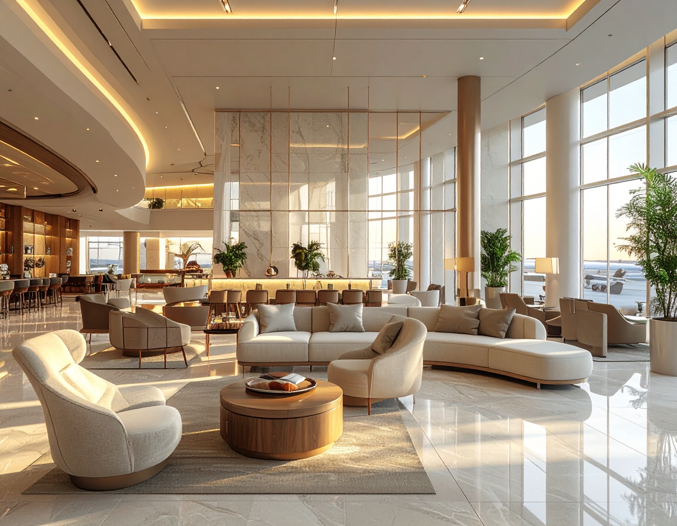 Interior view of Singapore Airlines lounge at Changi Airport with travellers relaxing in modern seating.