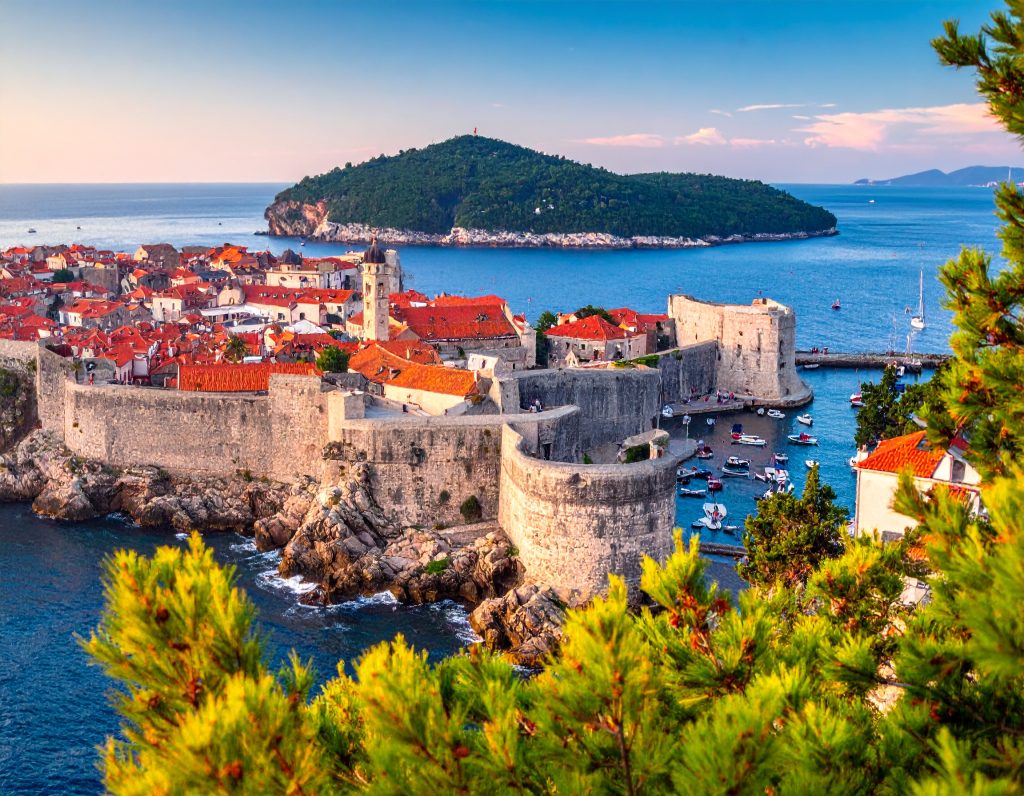 Dubrovnik old town with city walls overlooking Adriatic.