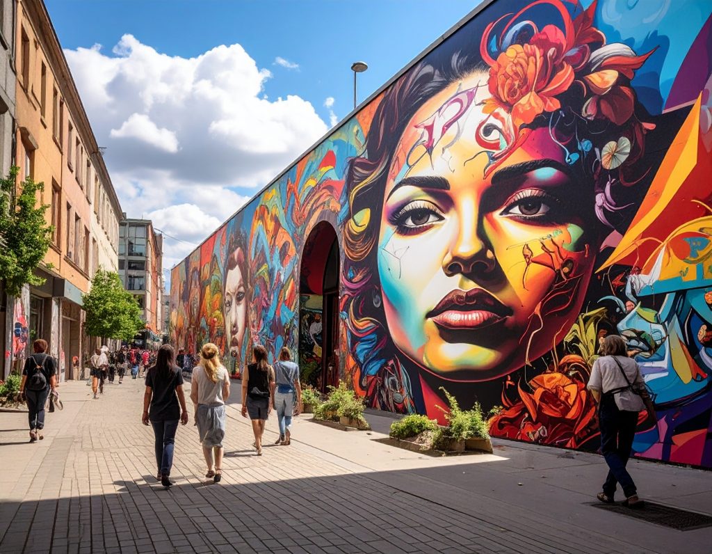 Colourful murals at East Side Gallery on the Berlin Wall.