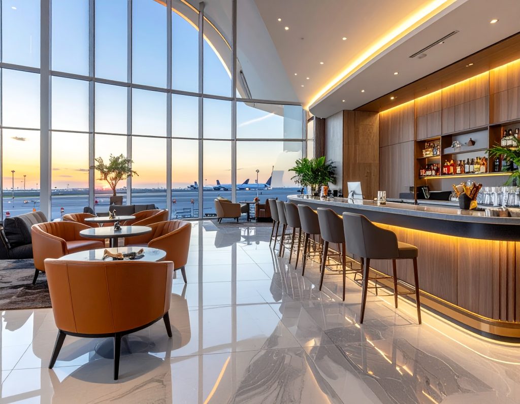 Elegant airport lounge bar and dining area with cocktails and snacks.