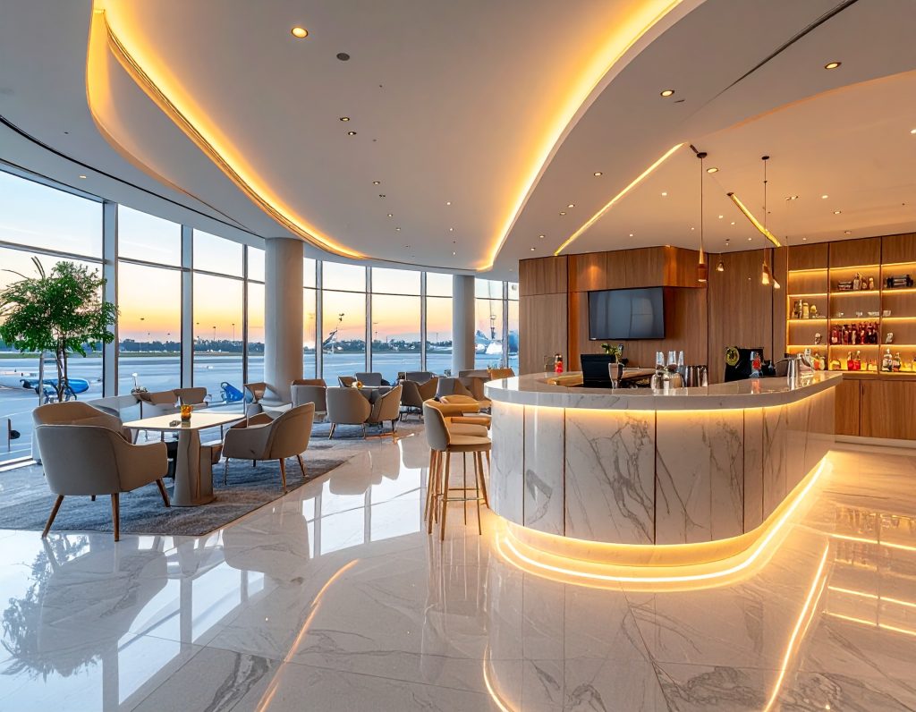 Interior of British Airways lounge at Miami International Airport.