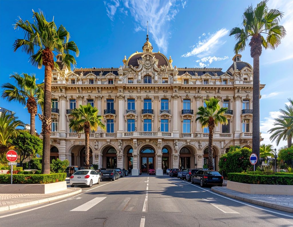 Casino de Monte-Carlo glowing at night during the Monaco Yacht Show week.