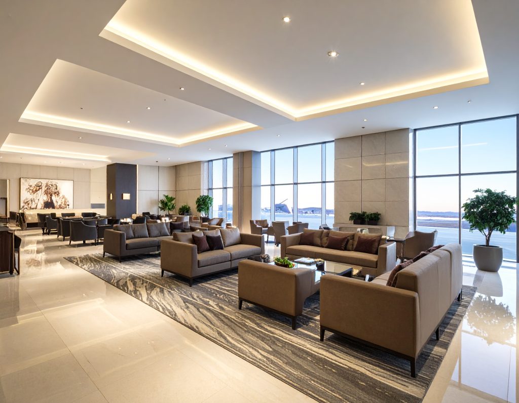 SilverKris Lounge interior at Changi Airport with buffet and Business Class passengers dining.