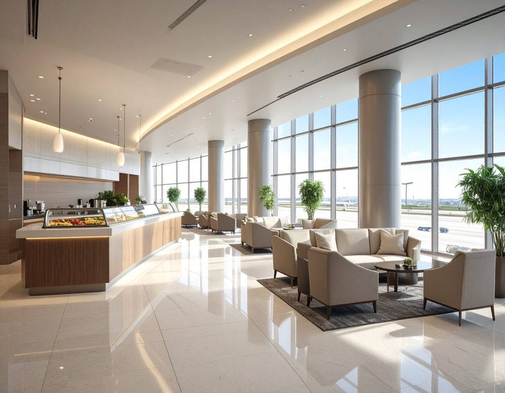 The Private Room Singapore Airlines, fine dining tables, plush chairs, modern airport lounge, premium atmosphere.