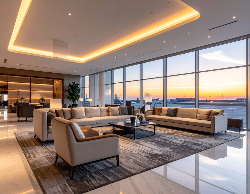 Modern luxury airport lounge with comfortable seating and ambient lighting.
