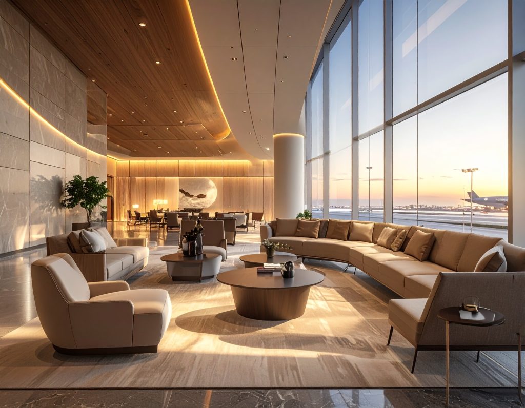 Premium airline lounge seating with travellers relaxing.