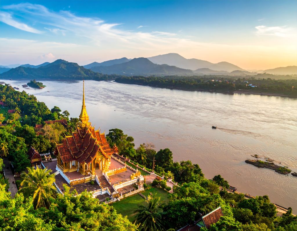 Wat Phou temple complex overlooking the Mekong River in Champasak, Laos.