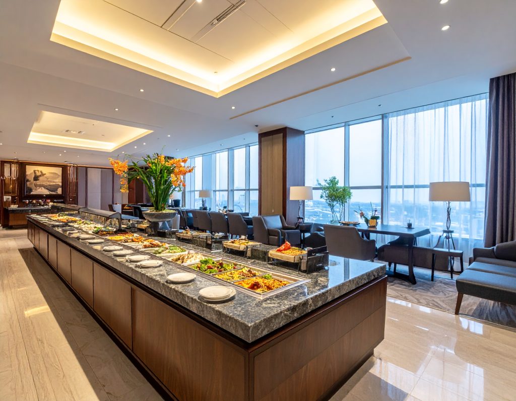 Buffet and dining area inside Cathay Pacific Beijing lounge.