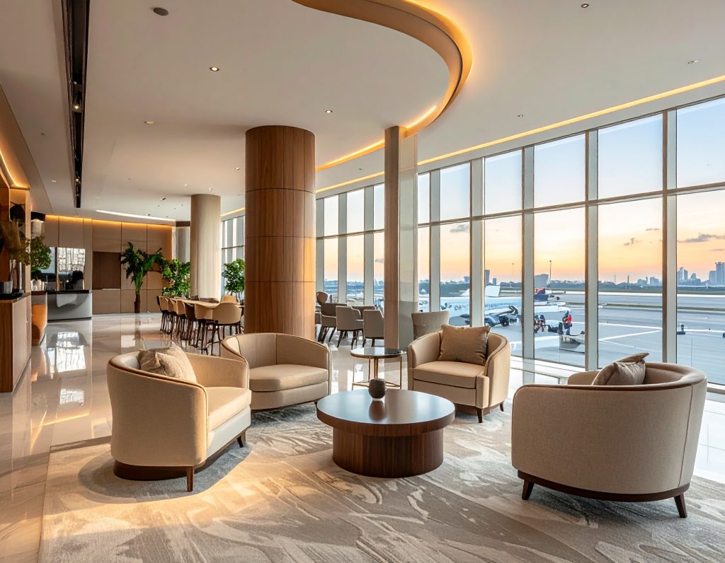 Lounge of Singapore Airlines, elegant dining, champagne, premium lounge, airport luxury.