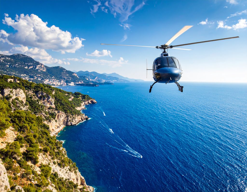 Helicopter transfer from Nice Airport to Monaco with views of the French Riviera coastline.
