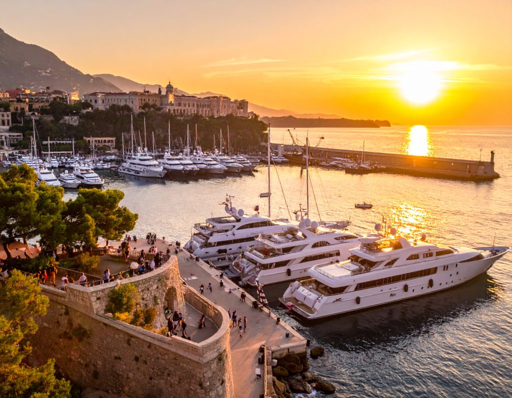 Luxury yachts and Monaco skyline during the Monaco Yacht Show 2025 at Port Hercule, French Riviera.