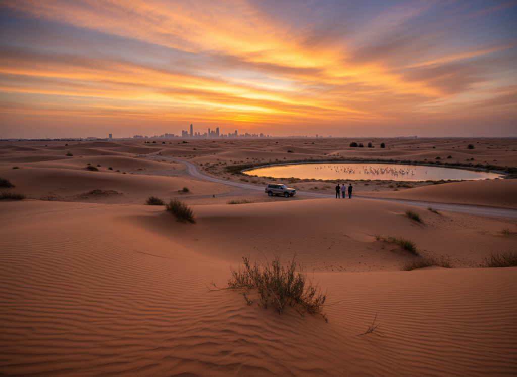 Wide-angle view of the Al Qudra desert landscape perfect for travel photography.