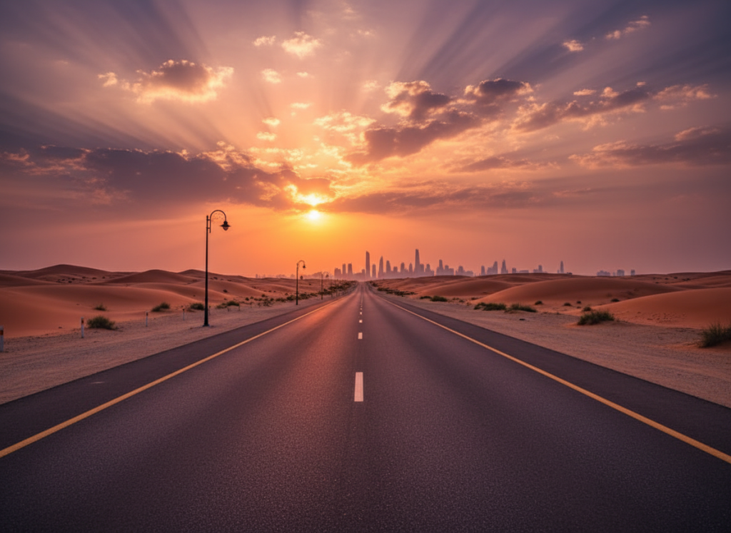 Empty desert highway in the UAE with dramatic afternoon light.