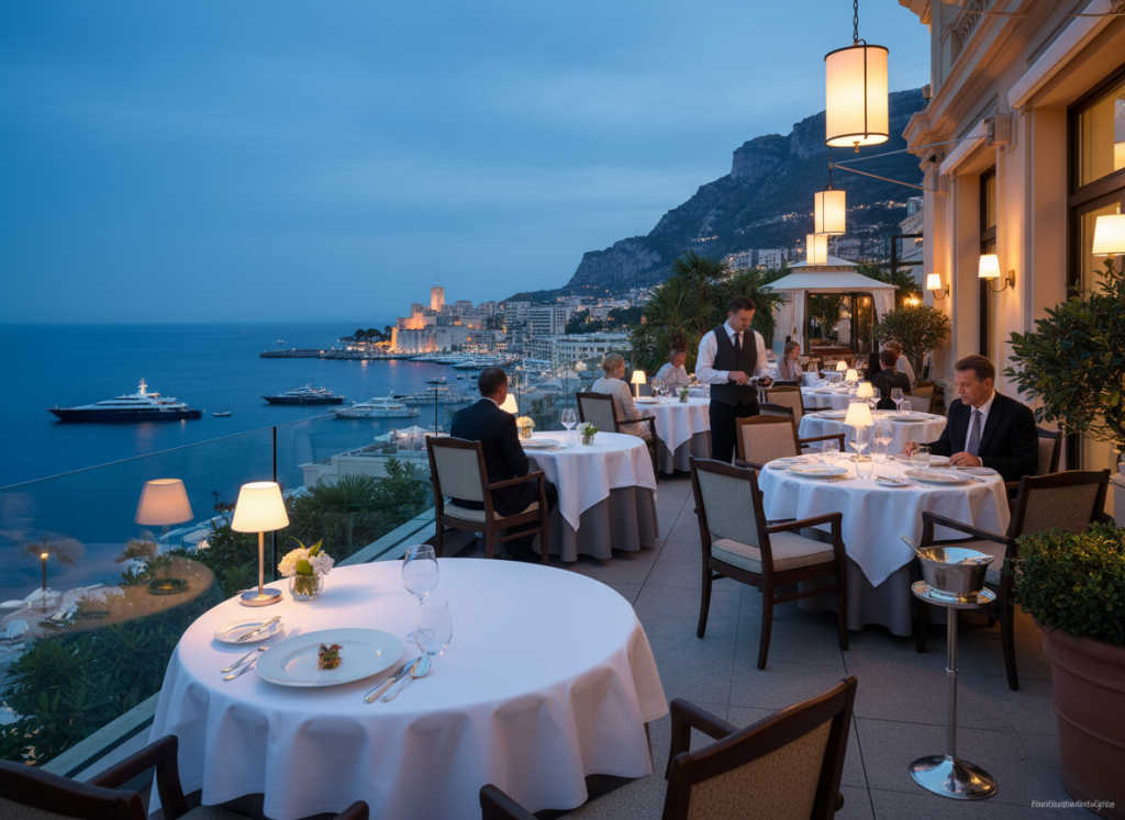 Panoramic aerial view of Monte-Carlo and the French Riviera coastline at dusk.