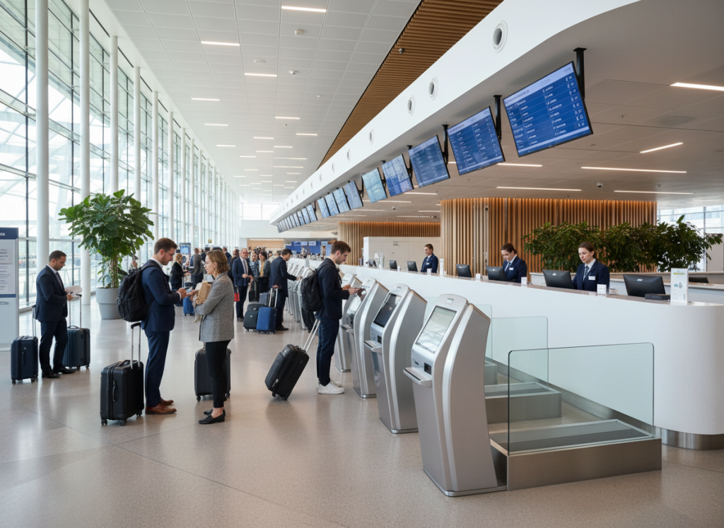 Modern airport check-in counters, self-service kiosks, passengers with luggage, bright terminal lighting, professional travel scene.