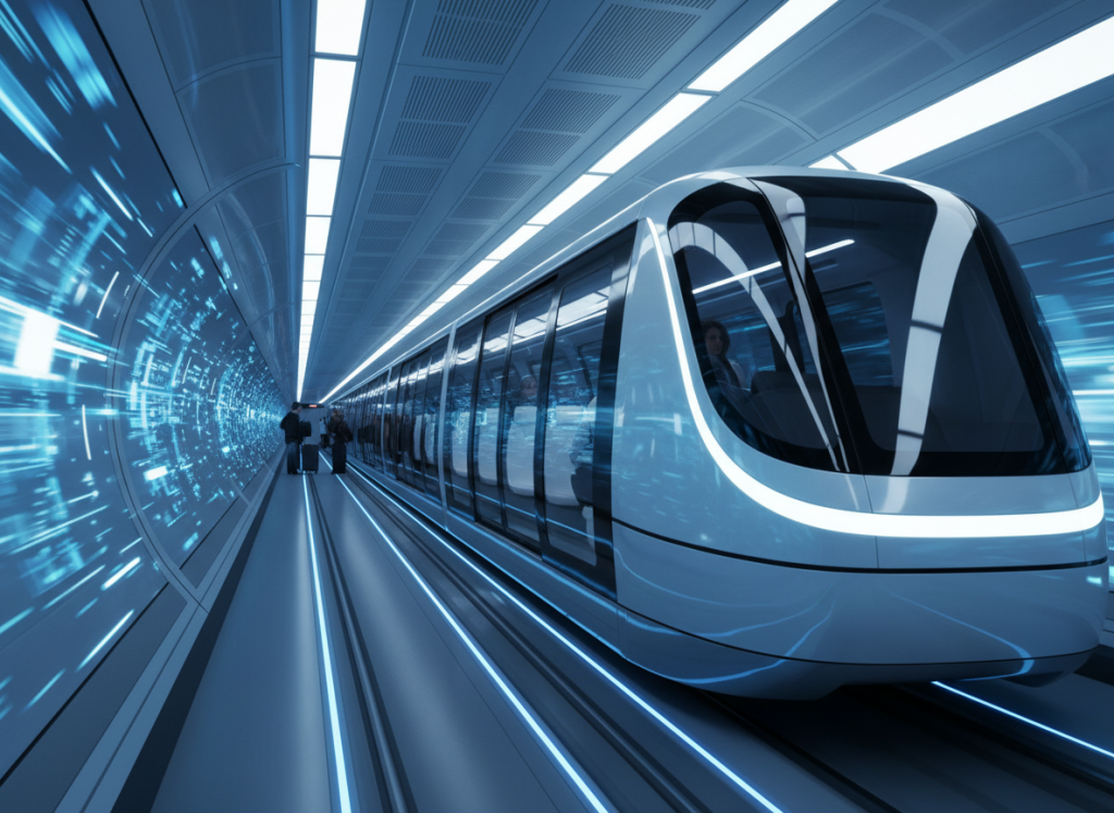 Automated airport people mover train inside tunnel, clean modern design, blue and white lights, high-tech transport system.
