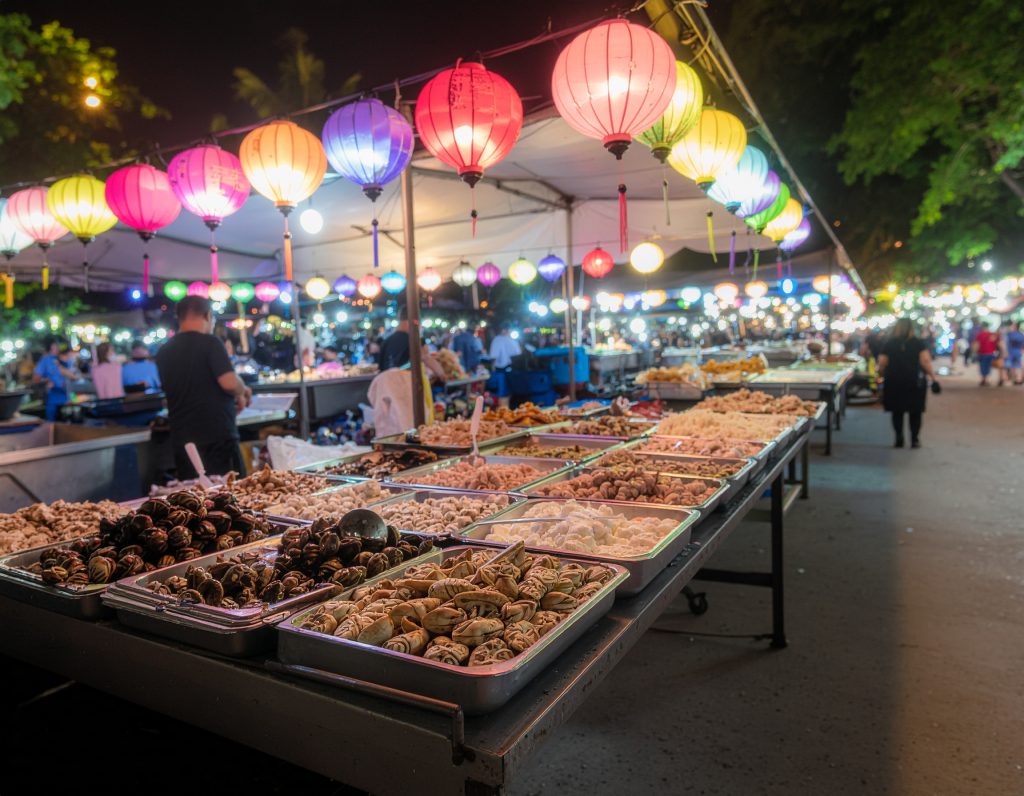 Phu Quoc night market with seafood stalls, coconut ice cream, and colorful lantern lights.
