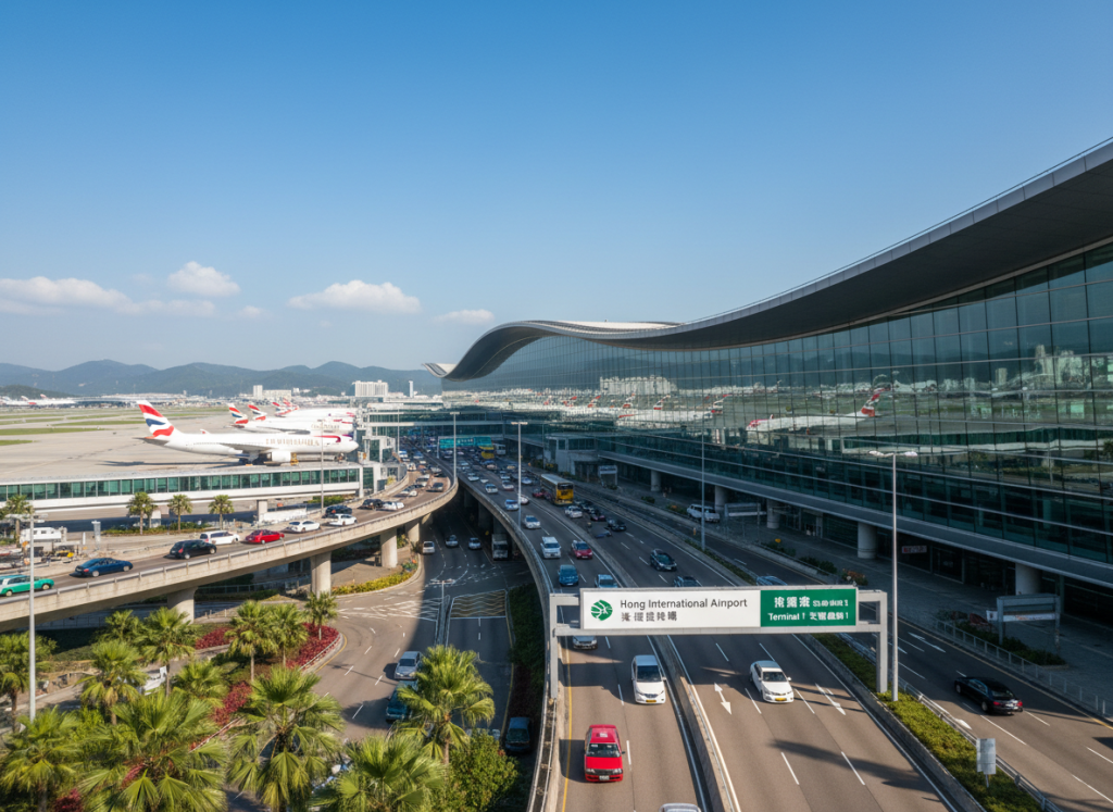 Exterior view of Hong Kong International Airport Terminal 1 with modern architecture.