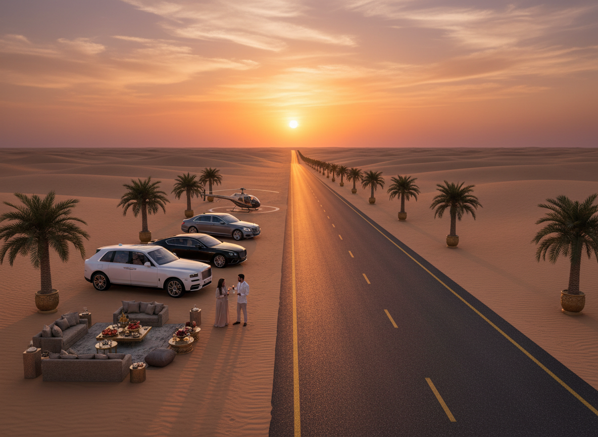 Scenic desert road near Dubai glowing under a warm sunset sky.