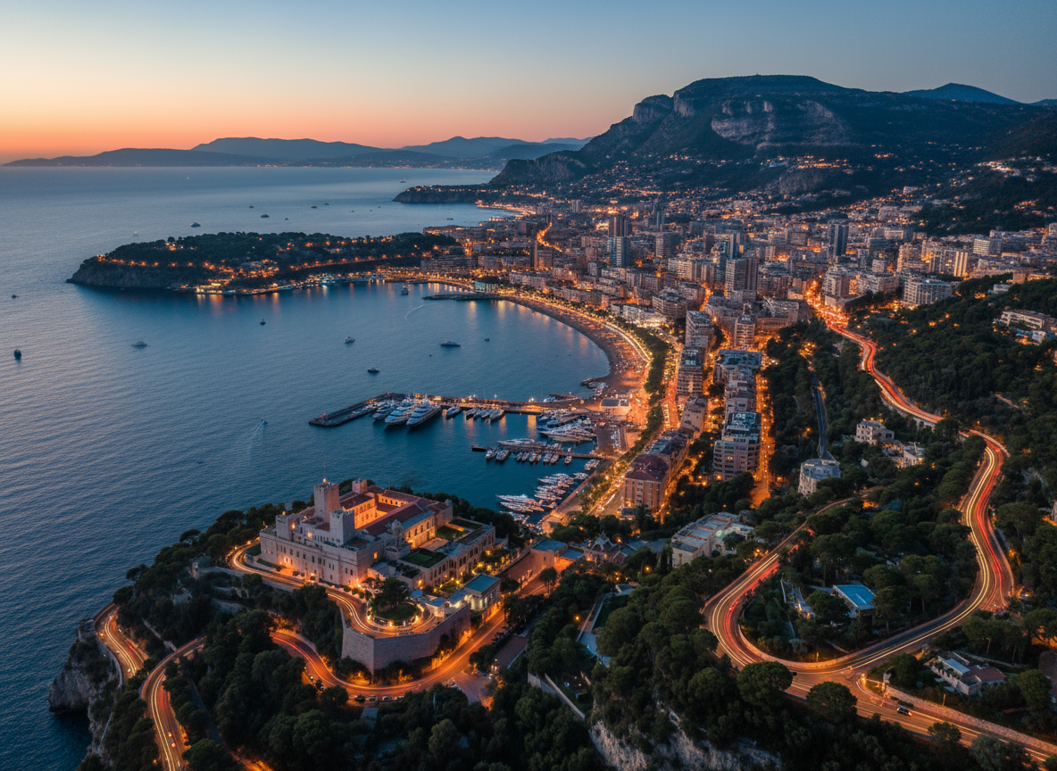 Exterior view of Hôtel de Paris Monte-Carlo overlooking Casino Square at twilight, Monaco.
