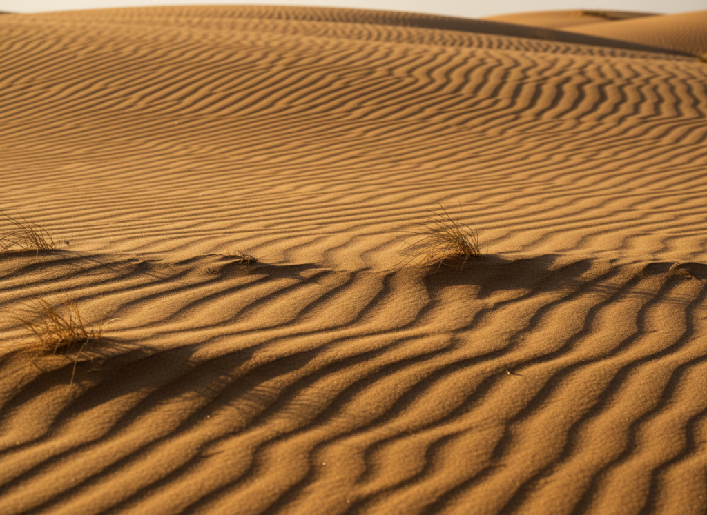 Close-up editorial-style photo of golden sand dune textures in the desert.