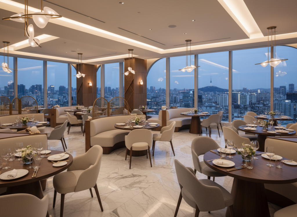 Elegant luxury restaurant interior in Seoul with marble flooring, gold accents, and panoramic city views.
