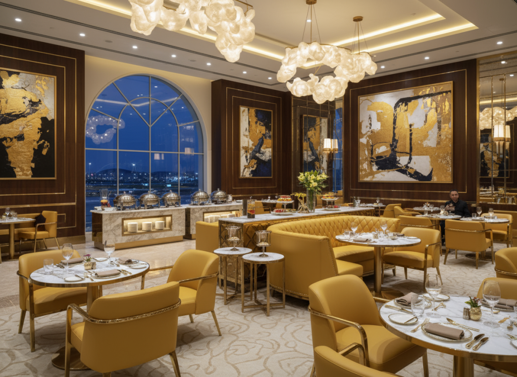 Elegant interior of the Louis Vuitton Lounge at Doha Airport featuring designer seating and fine dining tables.