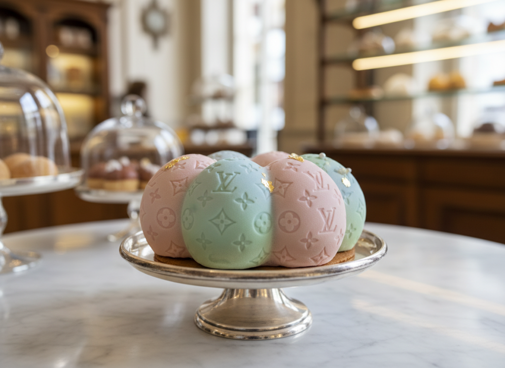 Elegant dessert with Louis Vuitton-inspired engraving served at the brand’s gourmet restaurant.