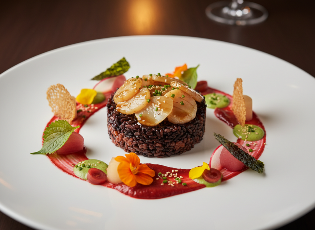 French-Korean fusion gourmet dish beautifully plated at Louis Vuitton’s Seoul restaurant.