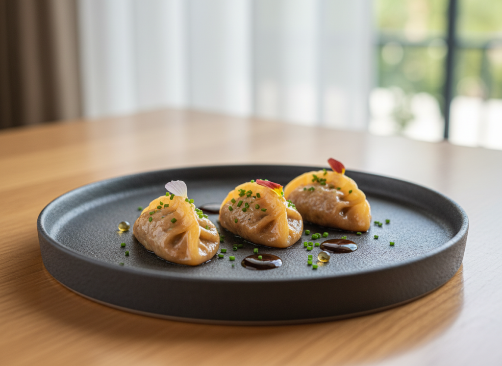 Luxury beef dumplings served in a fine-dining style at a gourmet restaurant in Seoul.