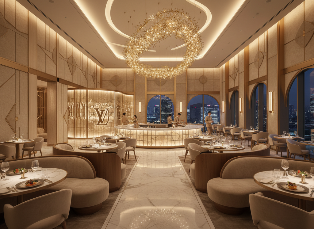 Interior of Louis Vuitton’s new luxury restaurant in Seoul with sculptural furniture and warm lighting.