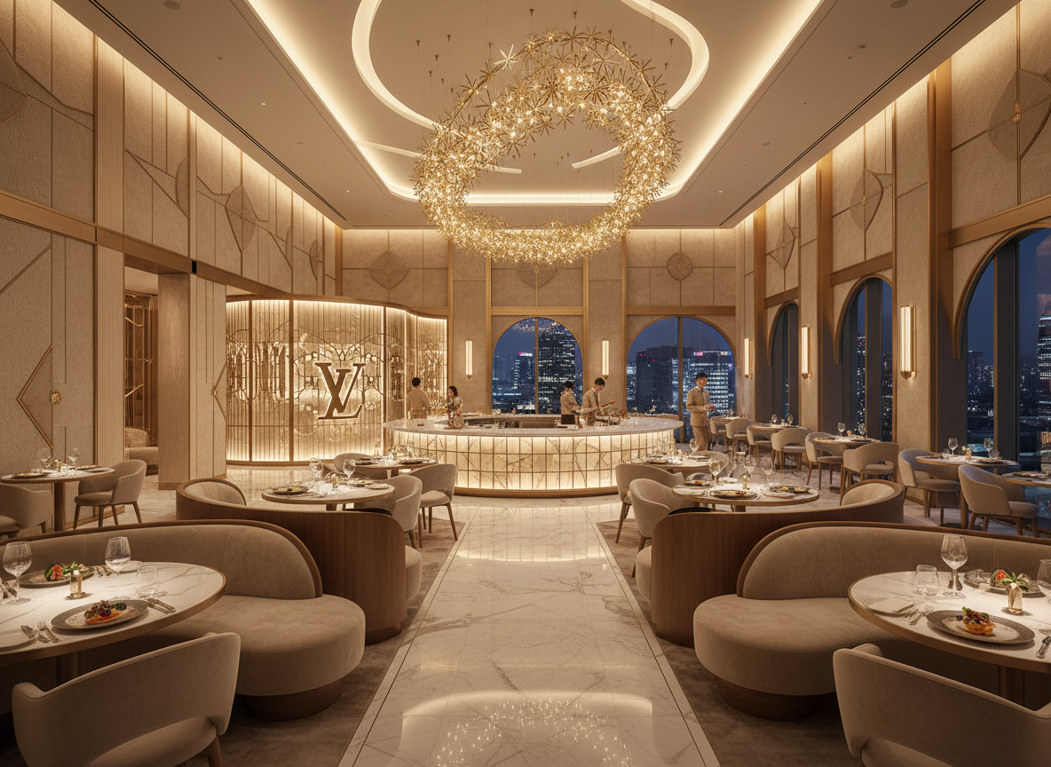 Interior of Louis Vuitton’s new luxury restaurant in Seoul with sculptural furniture and warm lighting.