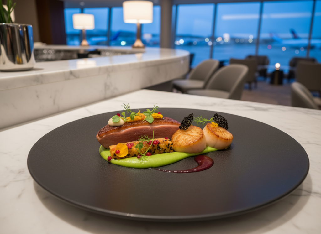Michelin-inspired French fine dining dish by Chef Yannick Alléno at the Louis Vuitton Lounge in Doha.