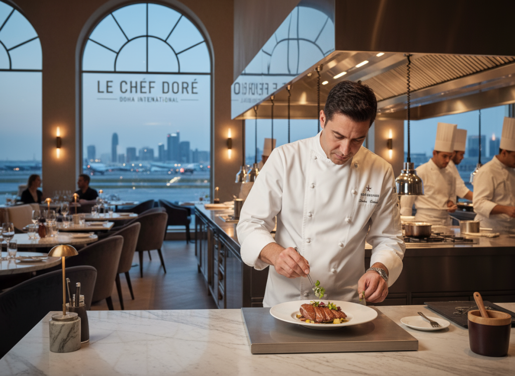 Michelin-starred Chef Yannick Alléno crafting signature dishes for travellers at the Louis Vuitton Lounge in Doha.