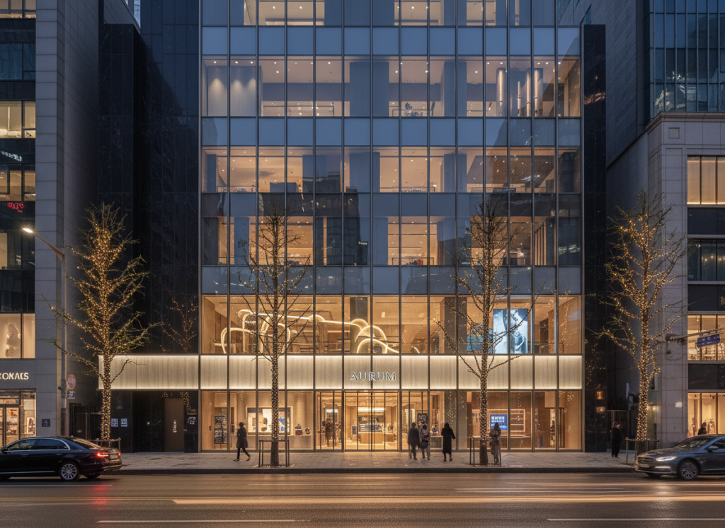 Exterior of a luxury flagship store in Gangnam, representing the setting of Louis Vuitton’s Seoul restaurant.