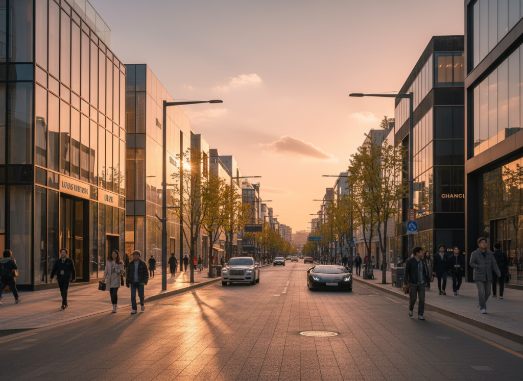 Exterior of a luxury flagship store in Gangnam, representing the setting of Louis Vuitton’s Seoul restaurant.